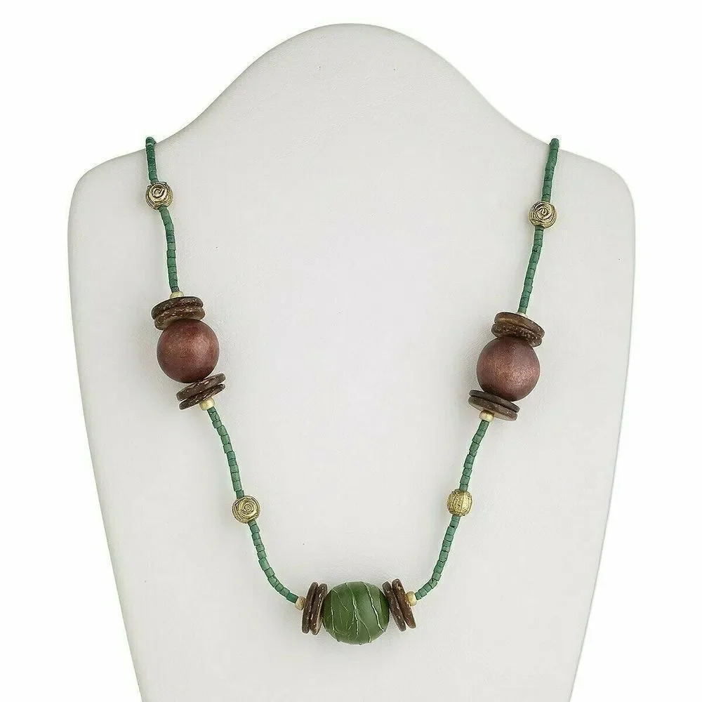 Handcrafted Ethnic Necklace Chunky Wood Brass Beads 32" Long Loop